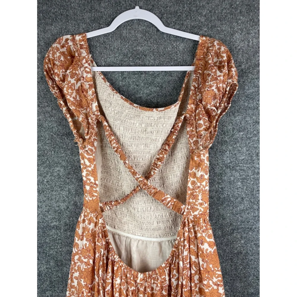 Free People Maxi Dress Womens L Orange Floral Excellent Smocked Open Back Boho